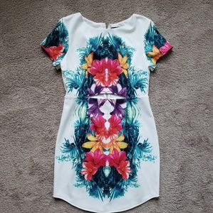 White and floral, pretty, fitted, cut out dress